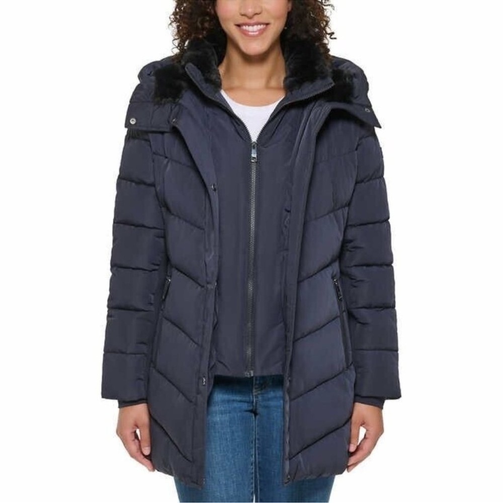 Andrew Marc Navy Faux Fur Lining Hooded Puffer Jacket